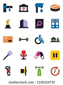 Color and black flat icon set - antenna vector, disabled, office building, pedestal, binder, document search, farm fork, drip irrigation, pills, barbell, no hook, speaker, mail, pause button, chair
