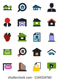 Color and black flat icon set - office building vector, house, real heart, with garage, tree, estate document, rent, sold signboard, search, agent, smart home, city, message