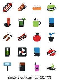 Color and black flat icon set - hot cup vector, seedling, plant label, diet, fridge, drink, phyto bar, bacon, bread, kebab, dog, apple fruit, fan, palm sproute