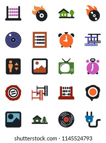 Color and black flat icon set - elevator vector, alarm clock, abacus, stamp, film frame, vinyl, flame disk, gallery, house with tree, tv, power plug