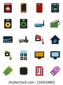 Color and black flat icon set - washer vector, calculator, monitor, speaker, phone back, sim, smart home, credit card, control, chip, router, usb flash