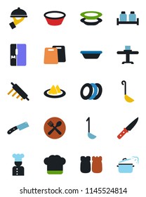 Color and black flat icon set - fridge vector, cook, restaurant table, serviette, cafe, hat, plates, waiter, salt and pepper, ladle, bowl, rolling pin, cutting board, knife, steaming pan