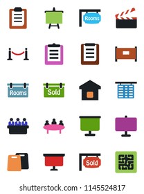 Color and black flat icon set - fence vector, flight table, presentation board, meeting, clipboard, clapboard, rooms, sold signboard, smart home, cutting, chip