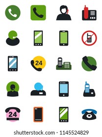Color and black flat icon set - phone vector, no mobile, 24 hours, support, cell, radio, back, call, office