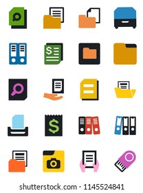 Color and black flat icon set - office binder vector, document search, receipt, folder, photo gallery, paper, tray, archive box, usb flash