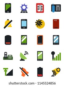 Color and black flat icon set - mobile phone vector, virus, satellite antenna, cell, low battery, back, sim, mute, cellular signal, office, sun panel