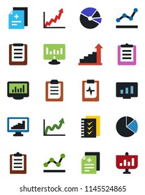 Color and black flat icon set - growth statistic vector, monitor, diagnosis, pulse clipboard, statistics, pie graph, checklist, point, presentation