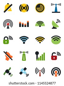 Color and black flat icon set - antenna vector, radar, satellite, equalizer, wireless, mute, cellular signal, lock