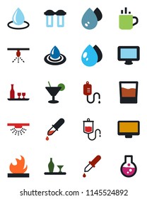 Color and black flat icon set - hot cup vector, water drop, dropper, flammable, monitor, alcohol, drink, cocktail, filter, sprinkler, flask