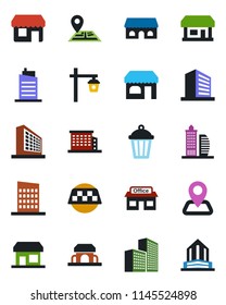 Color and black flat icon set - taxi vector, shop, office building, garden light, navigation, store, city house, cafe, storefront
