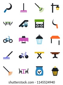 Color and black flat icon set - cafe vector, ladder car, rake, sickle, garden light, picnic table, fertilizer, bike, restaurant, alcove, outdoor lamp