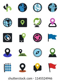Color and black flat icon set - globe vector, seat map, route, navigation, earth, pin, mobile tracking, network, place tag, compass, flag