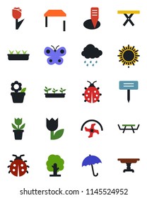 Color and black flat icon set - umbrella vector, sun, flower in pot, ripper, tree, butterfly, lady bug, seedling, rain, plant label, picnic table, tulip