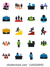 Color and black flat icon set - manager vector, pedestal, team, place, client, case, desk, career ladder, company, group