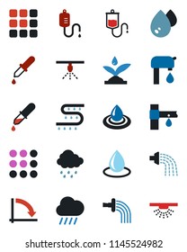 Color and black flat icon set - crisis graph vector, watering, water drop, rain, drip irrigation, dropper, menu, supply, sprinkler