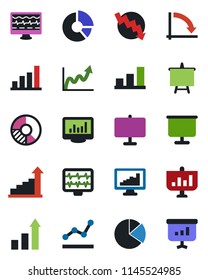 Color and black flat icon set - growth statistic vector, presentation board, crisis graph, circle chart, monitor pulse, statistics, bar, pie, point