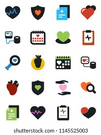 Color and black flat icon set - heart vector, pulse, diagnosis, blood pressure, diagnostic, shield, hand, real, medical calendar, clipboard