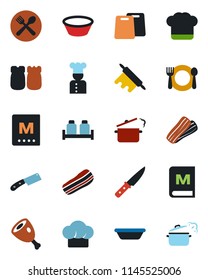 Color and black flat icon set - cook vector, cafe, hat, menu, bacon, salt and pepper, ham, bowl, rolling pin, cutting board, knife, steaming pan