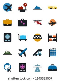 Color and black flat icon set - plane vector, runway, taxi, suitcase, baggage trolley, airport bus, passport, ladder car, helicopter, seat map, luggage storage, scales, globe, mountains, case