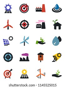 Color and black flat icon set - factory vector, bird house, target, sun panel, windmill, eco, water, palm sproute