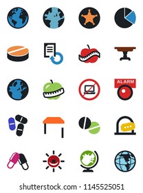 Color and black flat icon set - no laptop vector, ticket office, globe, document reload, pills, diet, earth, pie graph, table, police, alarm led
