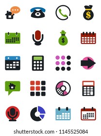 Color and black flat icon set - right arrow vector, calendar, circle chart, microphone, menu, calculator, phone, home message, money bag