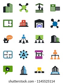 Color and black flat icon set - hierarchy vector, well, molecule, hospital, office building, garage, plan, home message