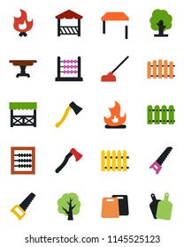 Color and black flat icon set - fence vector, tree, saw, fire, hoe, axe, abacus, table, alcove, cutting board