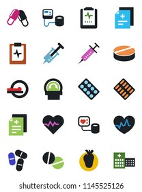 Color and black flat icon set - heart pulse vector, diagnosis, syringe, blood pressure, pills, blister, tomography, real, clipboard, hospital