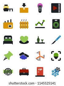 Color and black flat icon set - clouds vector, heart, scalpel, sea port, package, remote control, speaker, paper pin, face id, fingerprint, video, case, point graph, mail, windmill, bedroom, heater