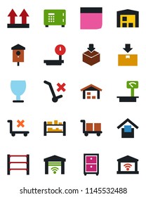 Color and black flat icon set - safe vector, bird house, fragile, cargo, warehouse storage, up side sign, no trolley, package, heavy scales, rack, blank box, archive, garage gate control