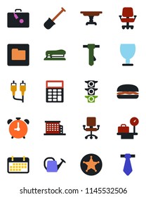 Color and black flat icon set - suitcase vector, alarm clock, luggage scales, tie, shovel, watering can, traffic light, term, fragile, rca, folder, calculator, stapler, office building, table, chair
