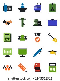 Color and black flat icon set - reception vector, handshake, identity card, case, medal, graduate, pen, tie, job, statistic monitor, office phone, presentation board, copier, pencil, contract, book