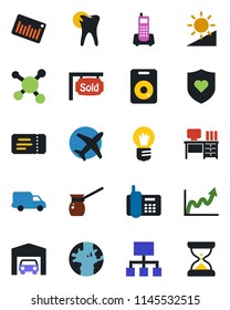 Color and black flat icon set - ticket vector, desk, bulb, heart shield, caries, molecule, earth, plane, office phone, car delivery, barcode, speaker, brightness, garage, sold signboard, hierarchy