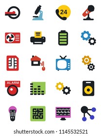 Color and black flat icon set - monitor pulse vector, microscope, tomography, 24 hours, microphone, tv, equalizer, remote control, speaker, battery, sim, printer, home, chip, air conditioner, gear