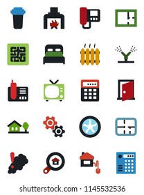 Color and black flat icon set - tv vector, radio phone, house with tree, plan, estate search, bedroom, fireplace, heater, home control, chip, fan, irrigation, intercome, gear, water filter, door