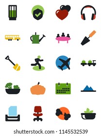 Color and black flat icon set - airport bus vector, baggage larry, office chair, meeting, job, trowel, watering can, pumpkin, run, broken bone, plane, shield, headphones, heart, calendar, paper tray