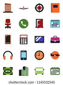Color and black flat icon set - airport bus vector, phone, plane, office chair, case, tv, cell, headphones, back, calendar, copybook, clock, building, calculator, target, city house, eye scan, door