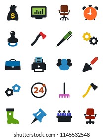 Color and black flat icon set - 24 around vector, alarm clock, gear, office chair, money bag, meeting, trowel, rake, boot, axe, group, case, monitor statistics, drawing pin, printer, stamp, pen