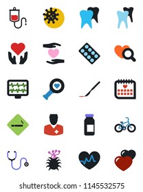 Color and black flat icon set - smoking place vector, heart pulse, monitor, stethoscope, dropper, diagnostic, pills blister, ampoule, scalpel, bike, hand, tooth, medical calendar, doctor, virus