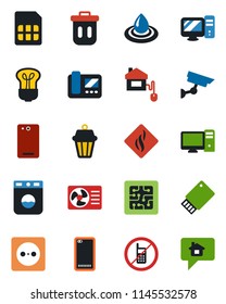 Color and black flat icon set - no mobile vector, phone back, sim, home control, chip, socket, air conditioner, intercome, pc, water, washer, smoke detector, bulb, outdoor lamp, trash bin, usb flash