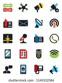Color and black flat icon set - mobile phone vector, mail, satellite, office, antenna, microphone, remote control, speaker, radio, share, sim, download, wireless, open close, intercome, home app