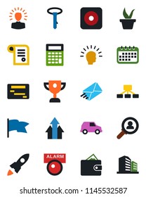 Color and black flat icon set - seedling vector, rec button, alarm led, consumer search, arrow up graph, shining head, rocket, wallet, calendar, flag, calculator, car, schedule, hierarchy, mail, tie