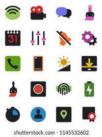 Color and black flat icon set - phone back vector, call, message, settings, tuning, themes, user, stopwatch, record, calendar, download, wireless, mute, brightness, place tag, fingerprint id, video