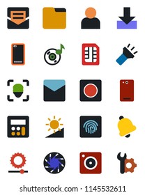 Color and black flat icon set - phone back vector, mobile camera, user, calculator, bell, mail, record, sim, folder, download, torch, brightness, face id, fingerprint, music, root setup