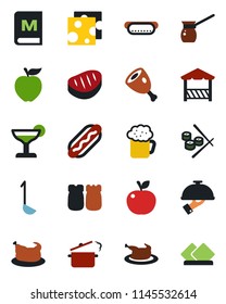 Color and black flat icon set - menu vector, cocktail, beer, waiter, salt and pepper, alcove, chicken, steak, ham, hot dog, ladle, steaming pan, turkish coffee, sushi, apple fruit, cheese, serviette