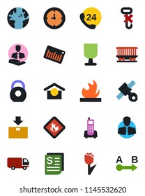 Color and black flat icon set - earth vector, railroad, satellite, office phone, 24 hours, client, car delivery, clock, receipt, fragile, warehouse storage, no hook, tulip, package, heavy, flammable