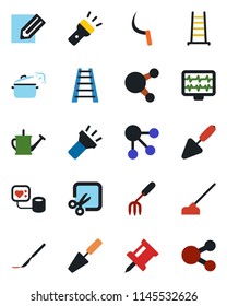 Color and black flat icon set - pencil vector, trowel, garden fork, ladder, watering can, hoe, sickle, monitor pulse, blood pressure, scalpel, share, torch, cut, drawing pin, steaming pan