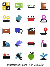 Color and black flat icon set - fence vector, baggage conveyor, baby room, statistic monitor, glove, seedling, navigation, satellite, heavy scales, clapboard, dialog, application, meeting