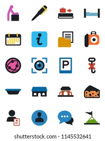 Color and black flat icon set - baggage conveyor vector, parking, baby room, pen, patient, term, folder document, no hook, camera, network, dialog, user, bedroom, cafe building, bowl, cheese